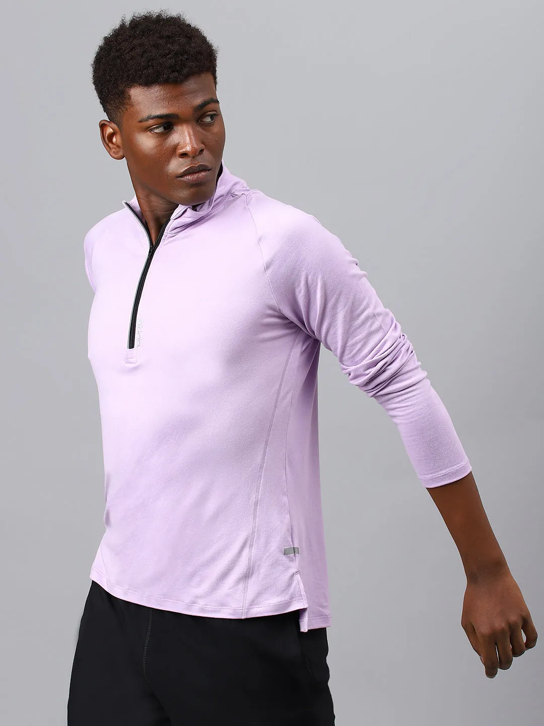Fitkin men's lavender high neck front zipper full sleeves t-shirt