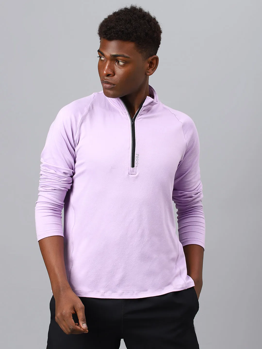 Fitkin men's lavender high neck front zipper full sleeves t-shirt