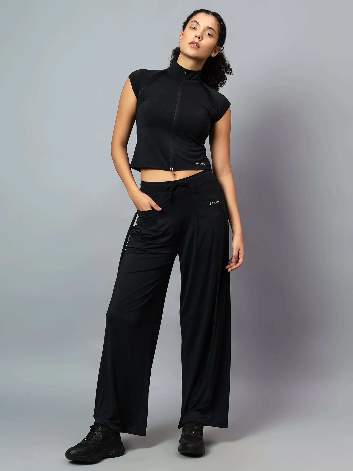 Fitkin Women Black Free Style Yoga Top Pants Co-ord Set