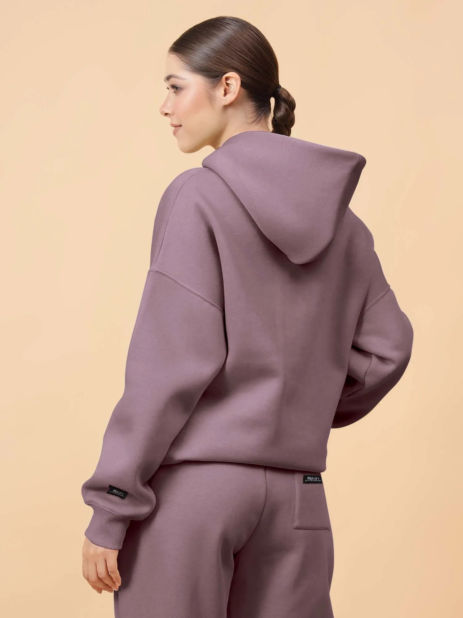 Fitkin Women Solid Lavender CozyCore Fleece Hoodie
