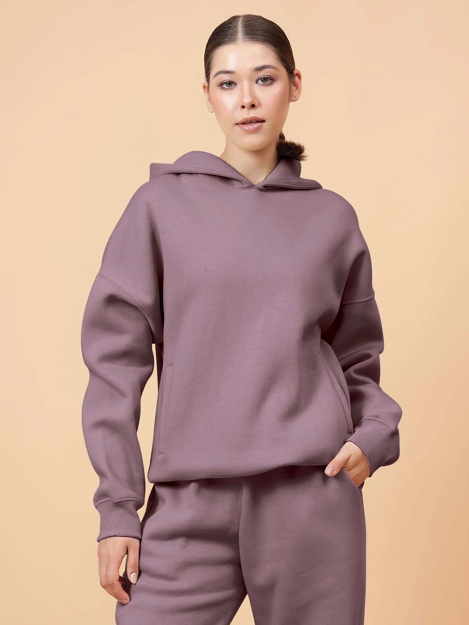 Fitkin Women Solid Lavender CozyCore Fleece Hoodie