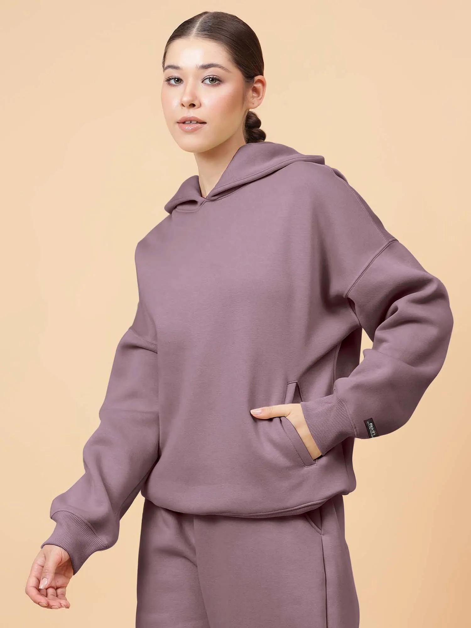 Fitkin Women Solid Lavender CozyCore Fleece Hoodie