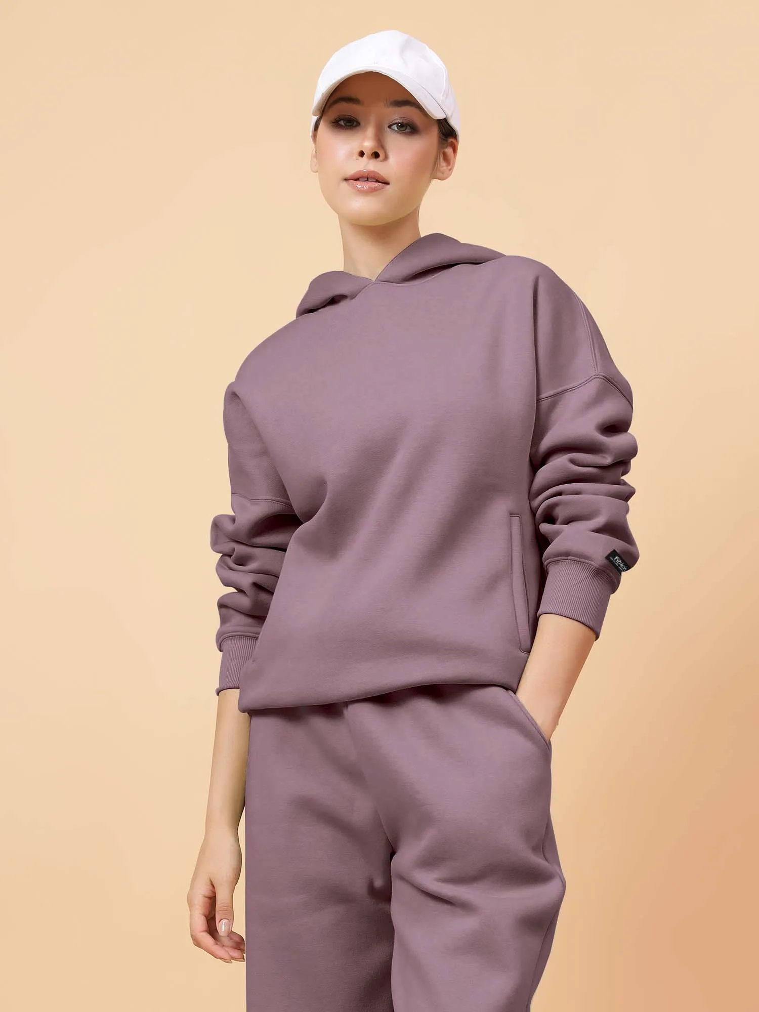 Fitkin Women Solid Lavender CozyCore Fleece Hoodie