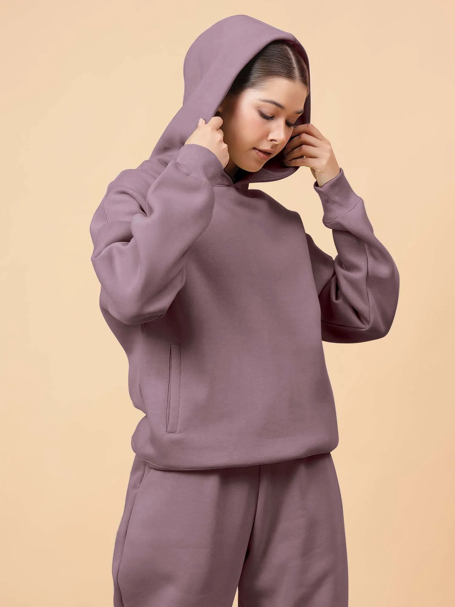 Fitkin Women Solid Lavender CozyCore Fleece Hoodie