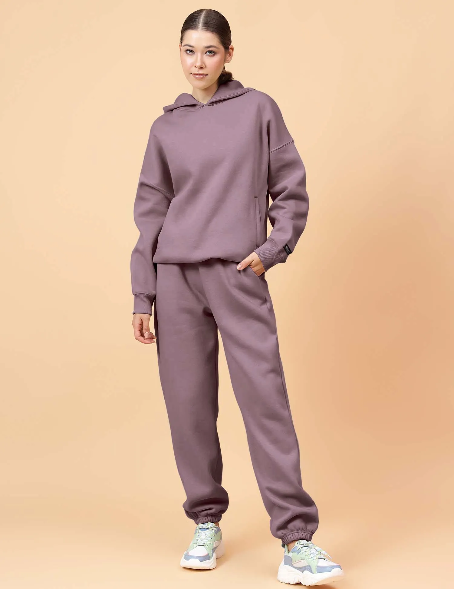 Fitkin Women Solid Lavender CozyCore Fleece Hoodie