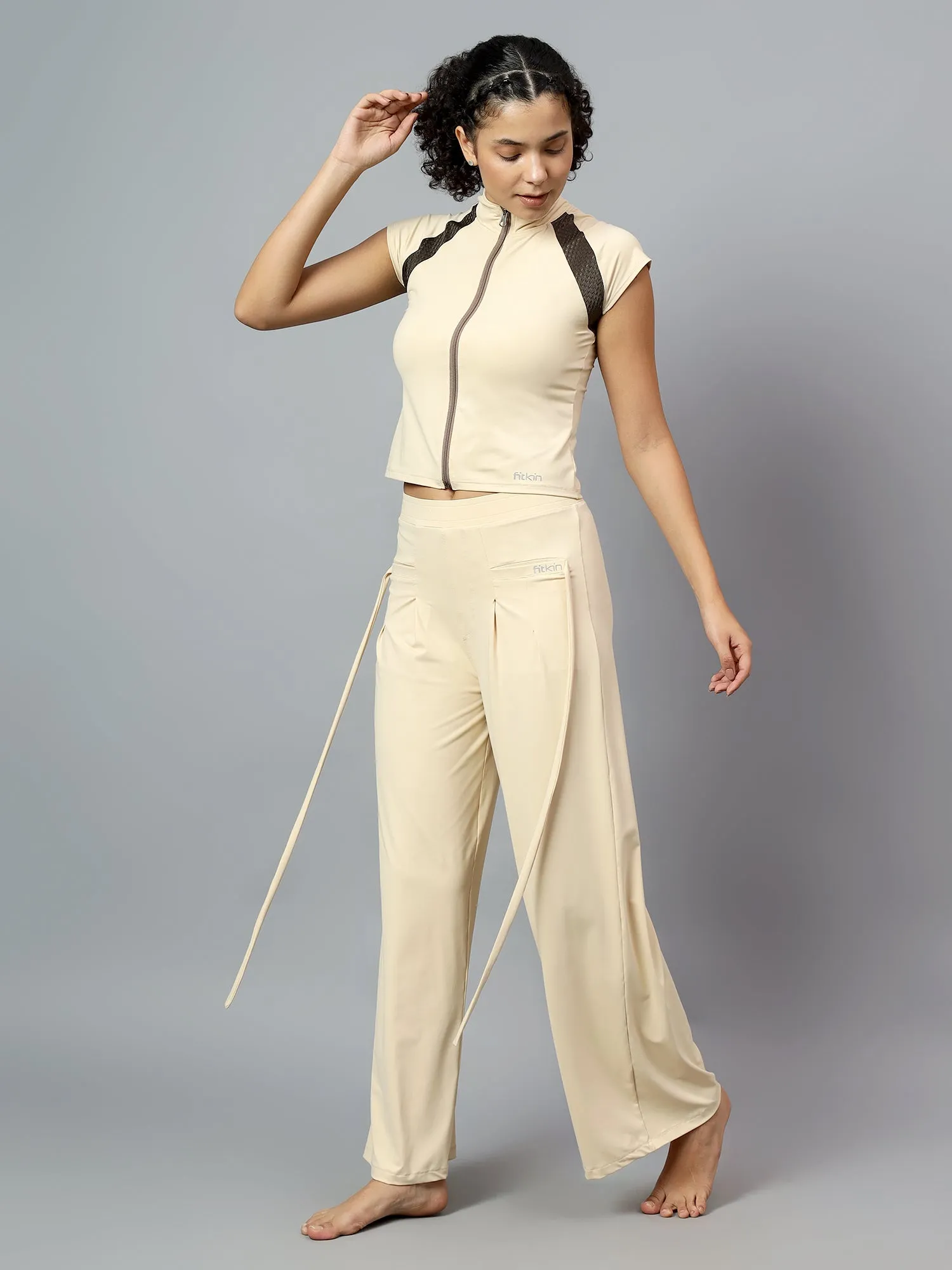Fitkin Women's Cream Relaxed Fit Pleated Bootcut Trackpant