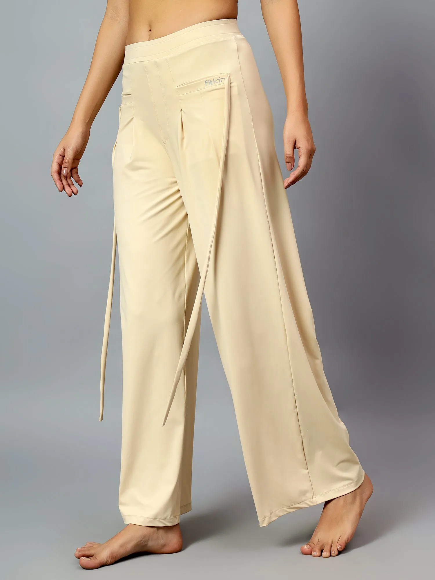 Fitkin Women's Cream Relaxed Fit Pleated Bootcut Trackpant