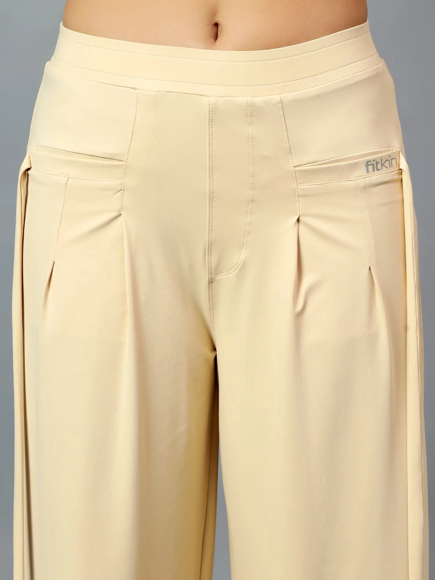 Fitkin Women's Cream Relaxed Fit Pleated Bootcut Trackpant
