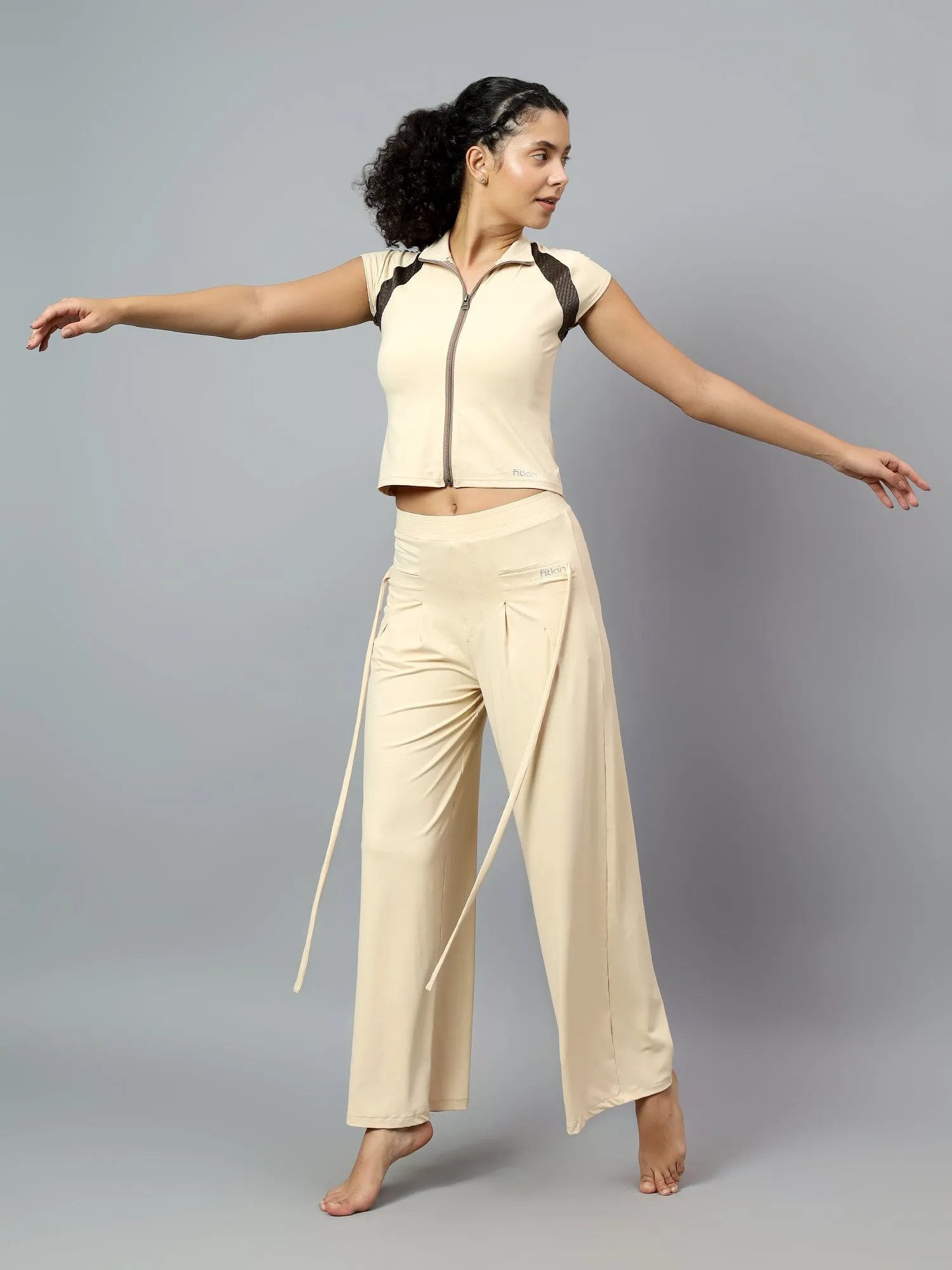 Fitkin Women's Cream Relaxed Fit Pleated Bootcut Trackpant