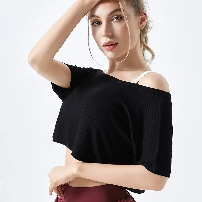 Gail Ribbed Asymmetrical Off Shoulder Short Sleeve Crop Top