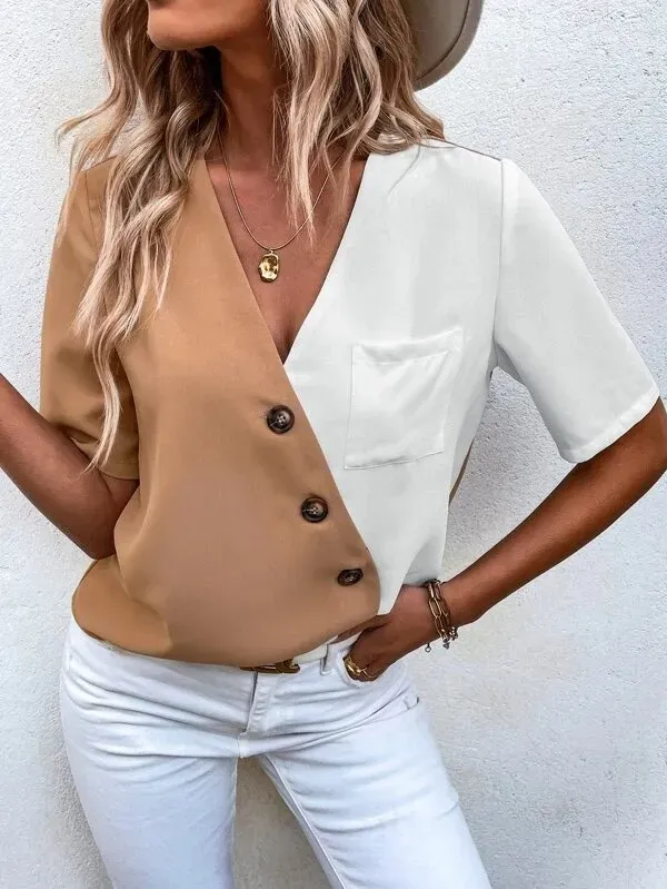 Game On Two-Tone V-Neck Button-Up Short Sleeve Top