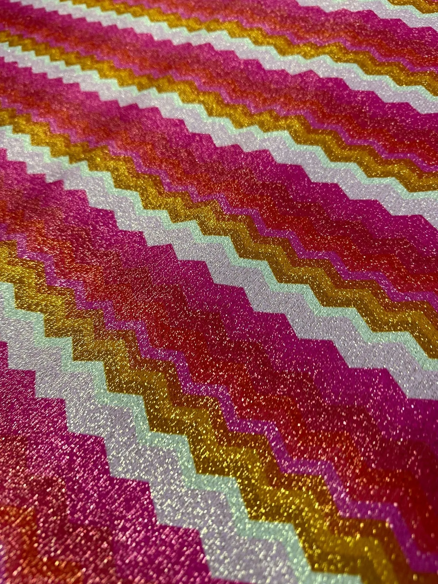 Gold Lurex Knit Fabric - Pink Zigzag Glitter Stretch Fabric