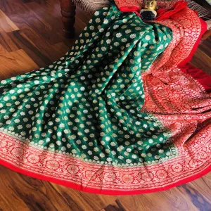 Green-Red Banarasi Georgette Pooja function Saree