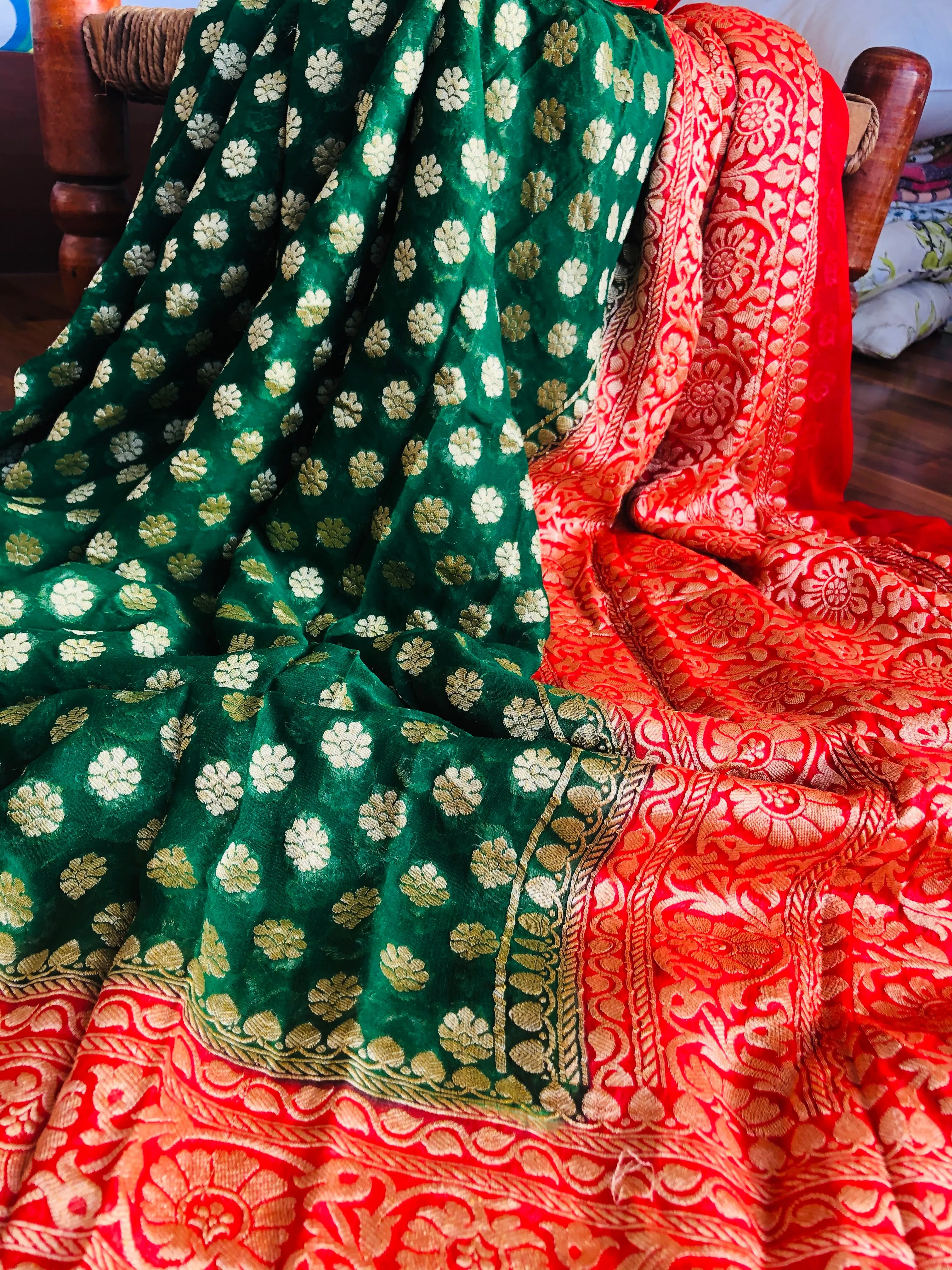 Green-Red Banarasi Georgette Pooja function Saree