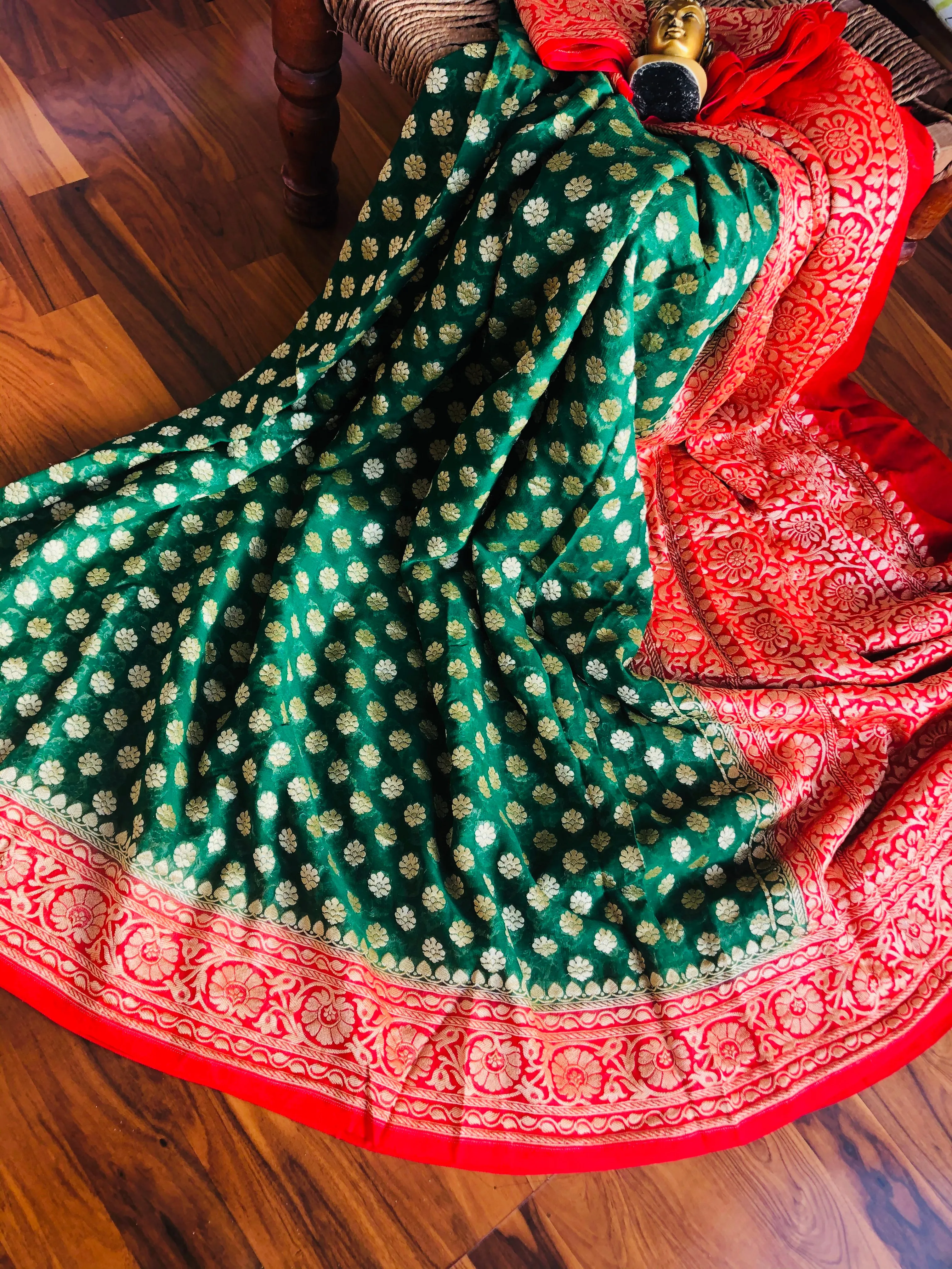Green-Red Banarasi Georgette Pooja function Saree