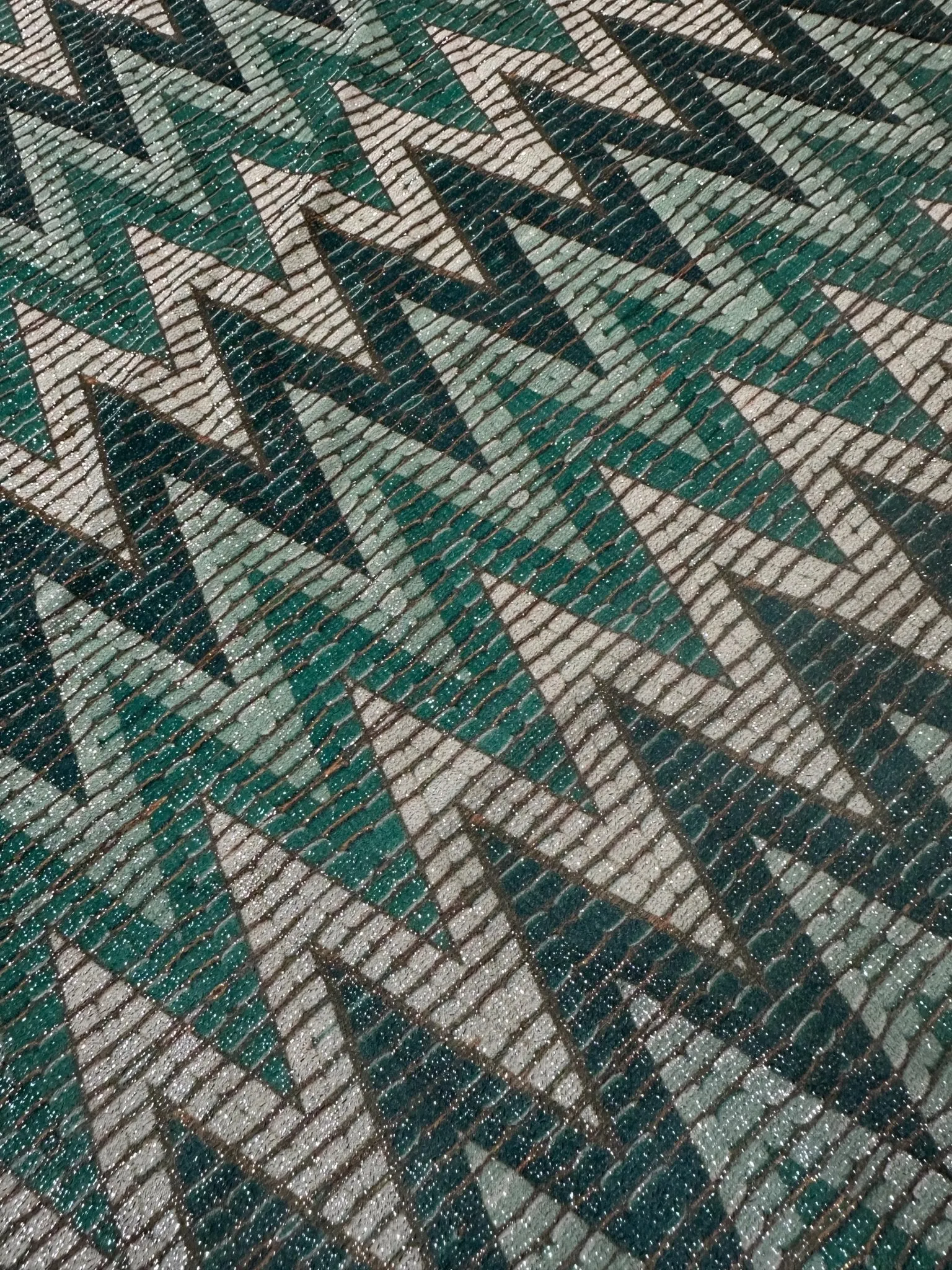 Green Zigzag Pattern Gold Lurex Fabric - Glitter Knit 4-Way Stretch