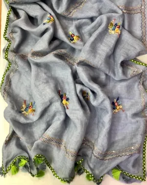Grey Linen Saree With Embroidery