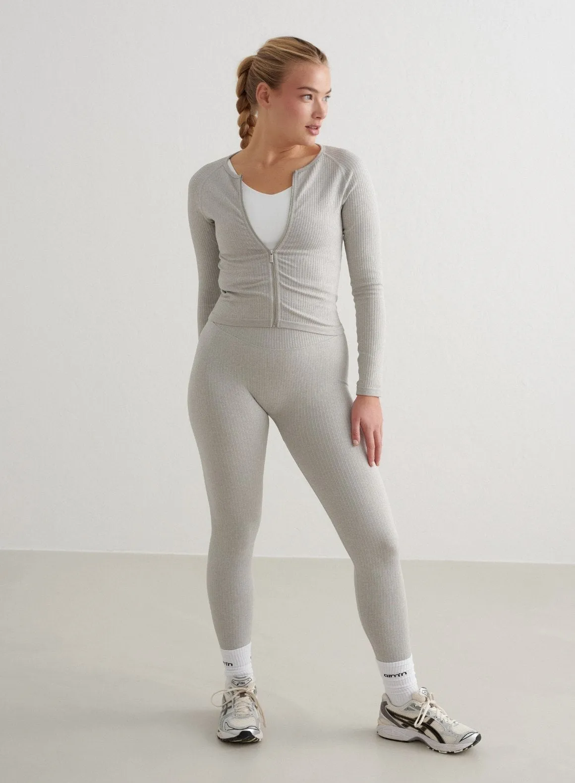 Grey Melange Ribbed Seamless Zip Jacket