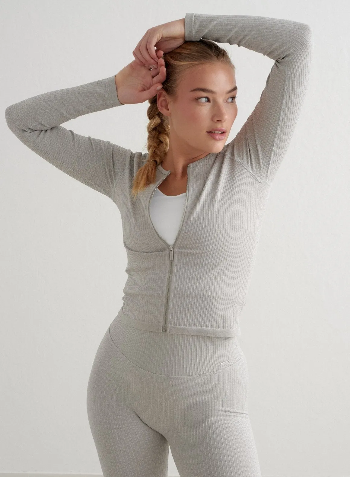 Grey Melange Ribbed Seamless Zip Jacket