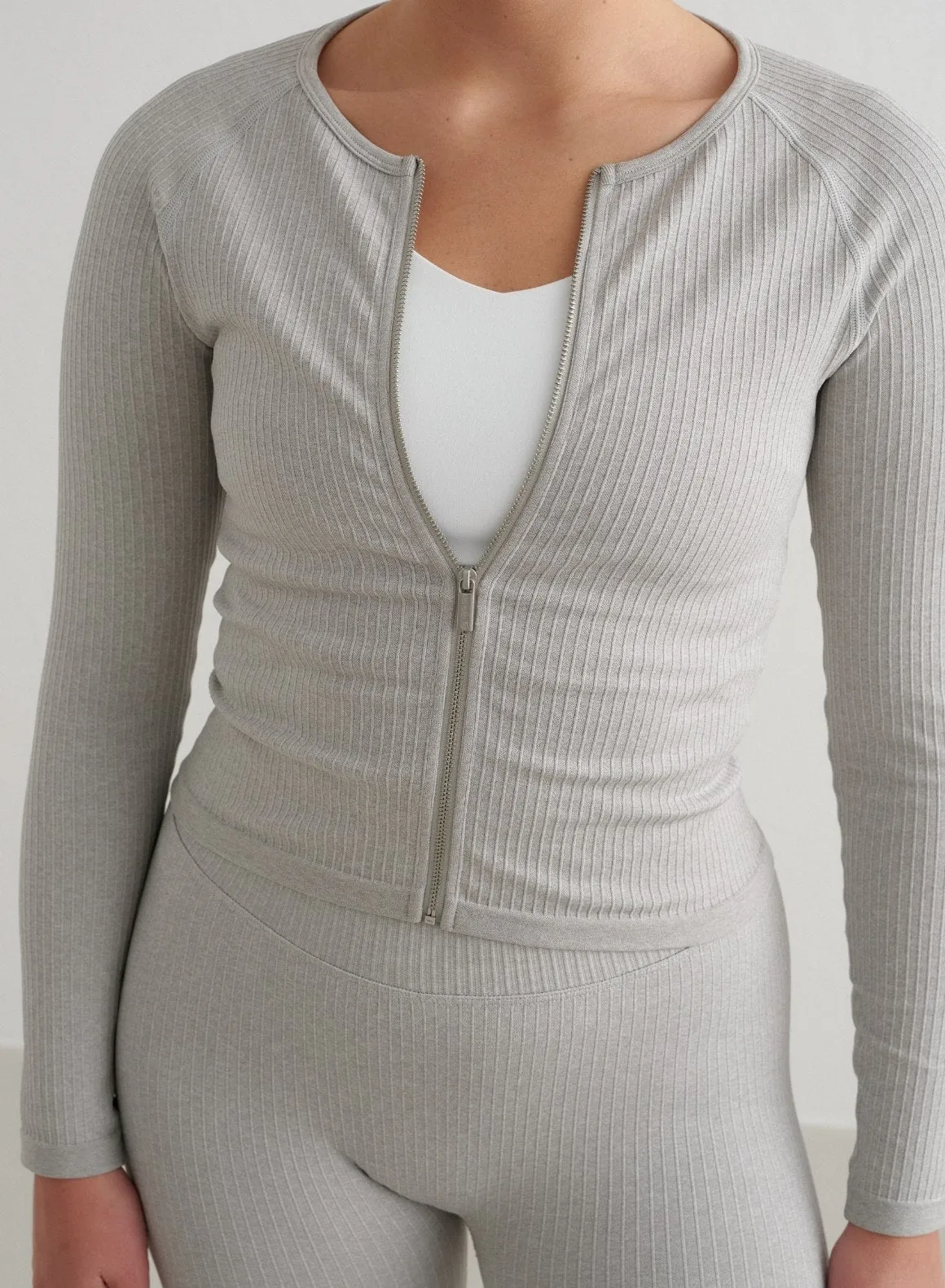 Grey Melange Ribbed Seamless Zip Jacket