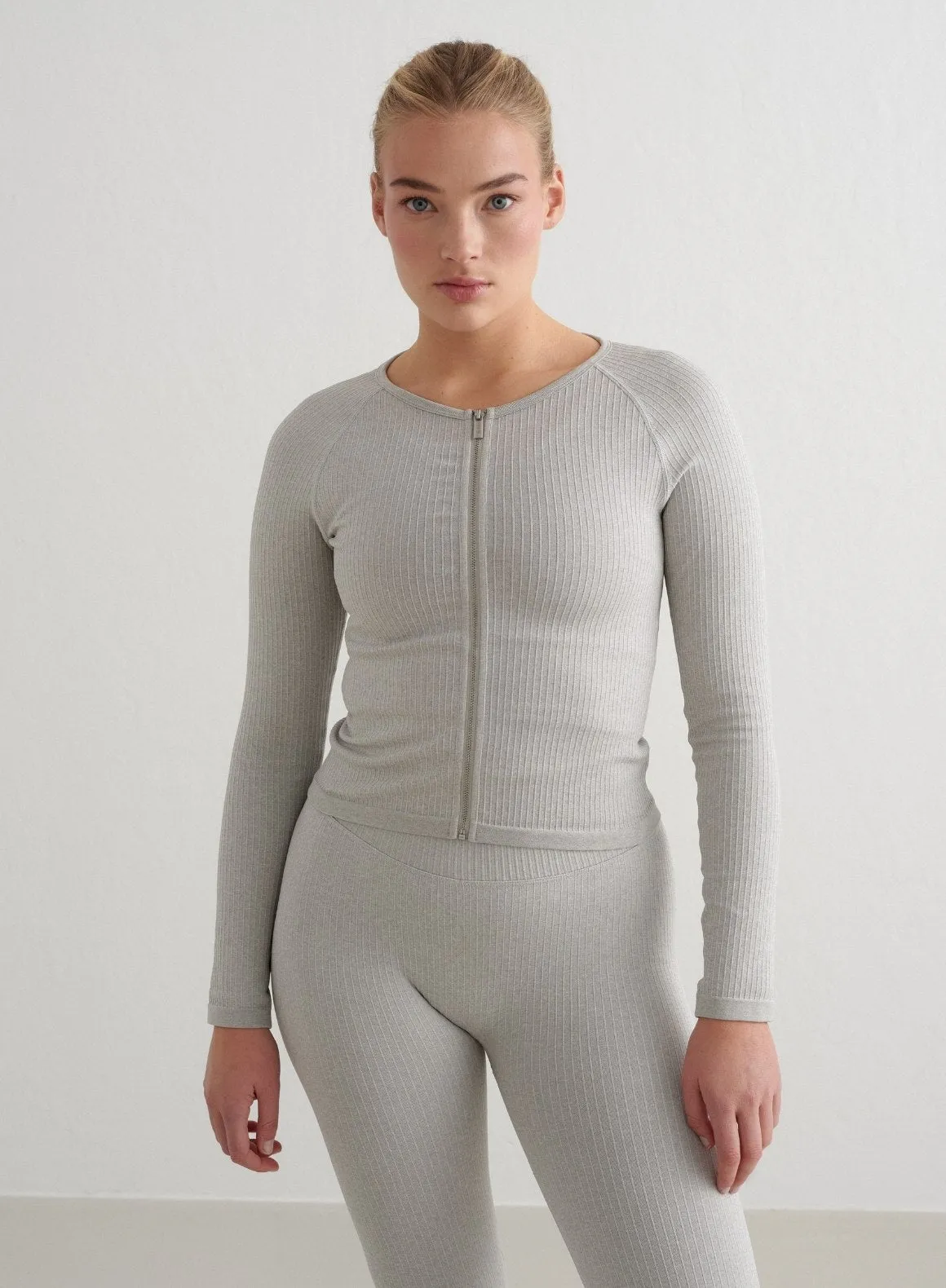 Grey Melange Ribbed Seamless Zip Jacket