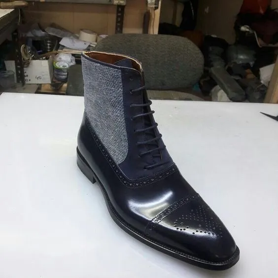 Handmade Three Toned Cap Toe Boots for Men in Black, Navy, and Gray