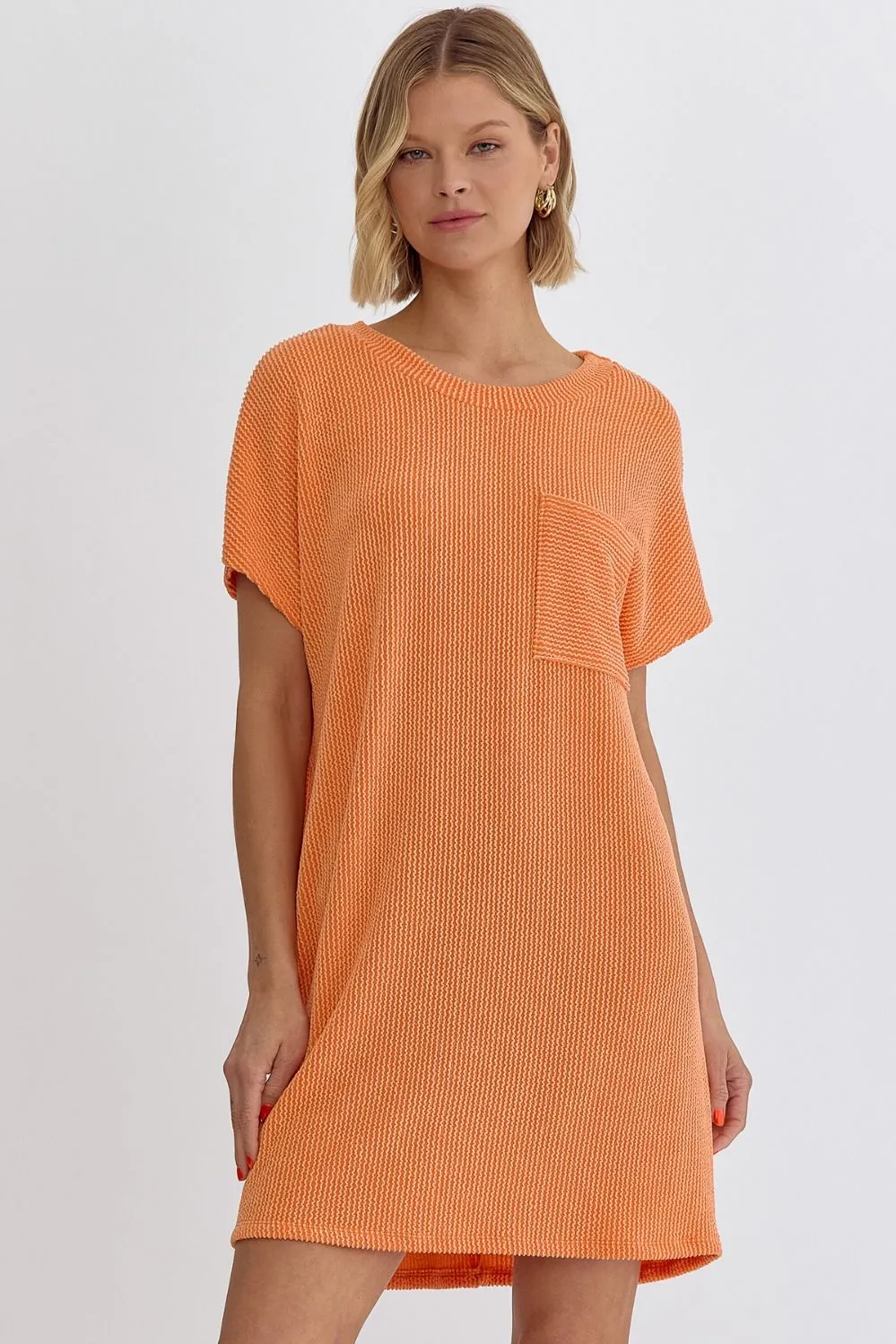 Harlow Ribbed Round Neck Short Sleeve Mini Dress In Orange