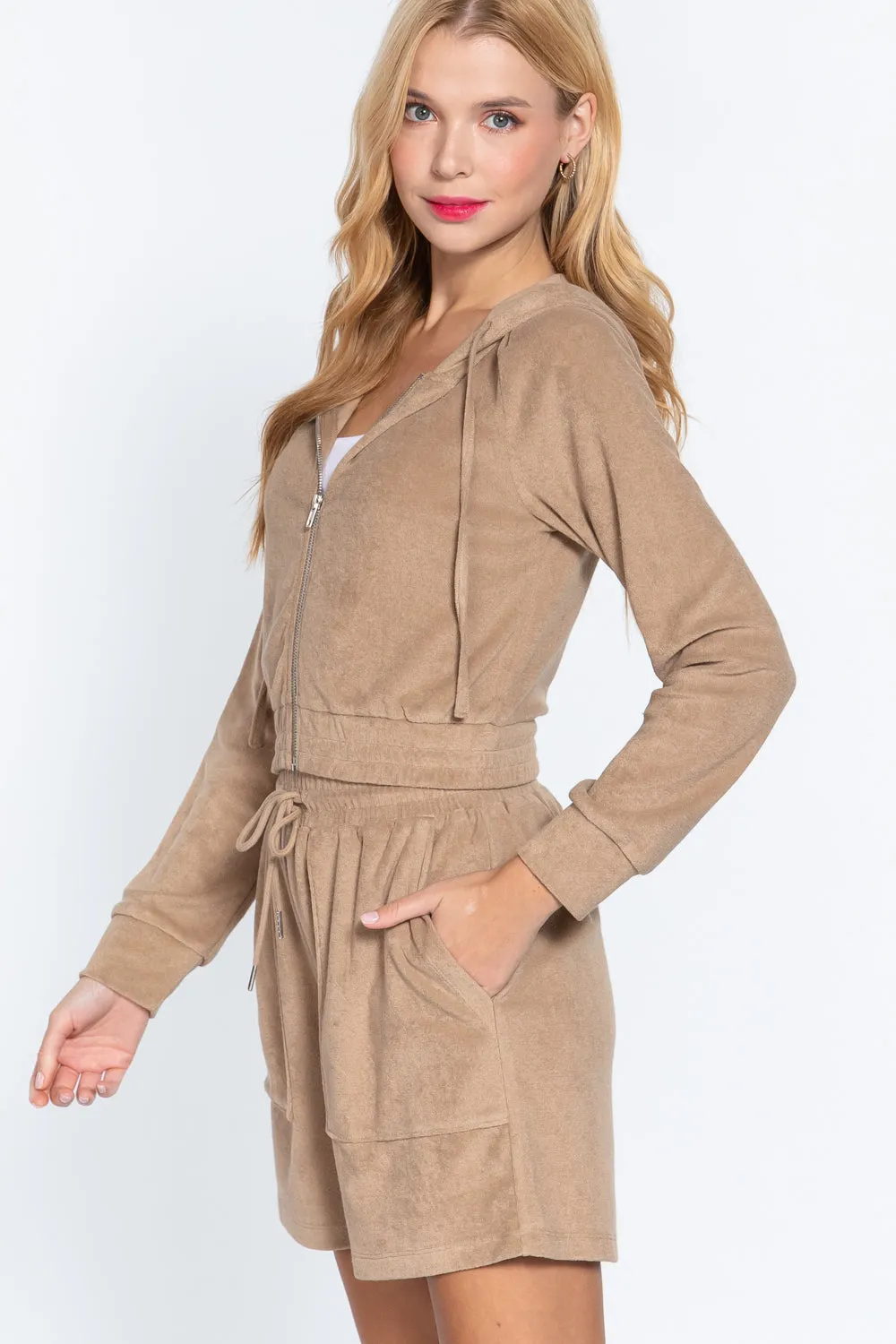 Hoodie Terry Toweling Jacket, Mocha
