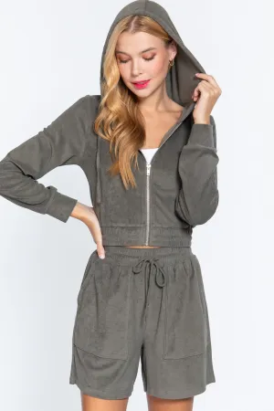 Hoodie Terry Toweling Jacket, Olive Green