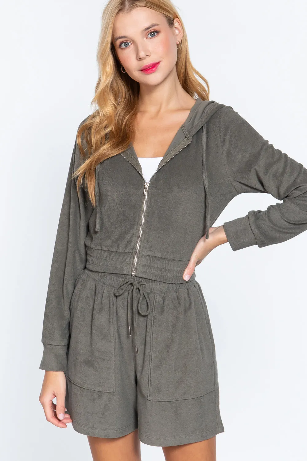 Hoodie Terry Toweling Jacket, Olive Green
