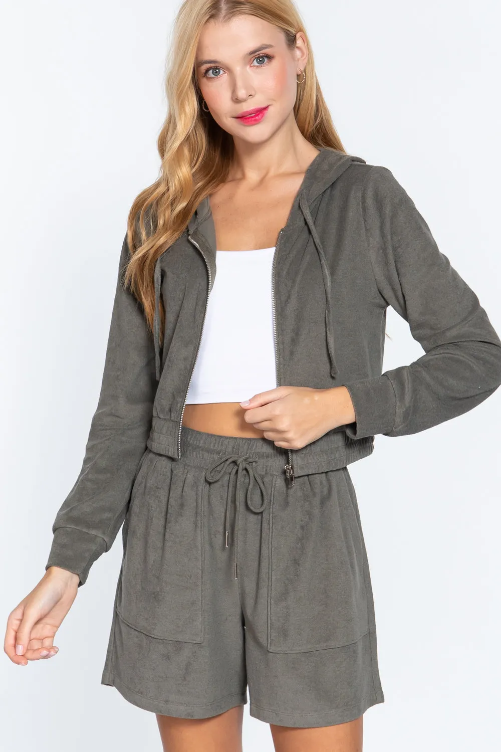 Hoodie Terry Toweling Jacket, Olive Green