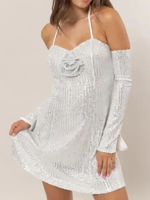 HYFVE Sequin Rosette Halter Mini Dress