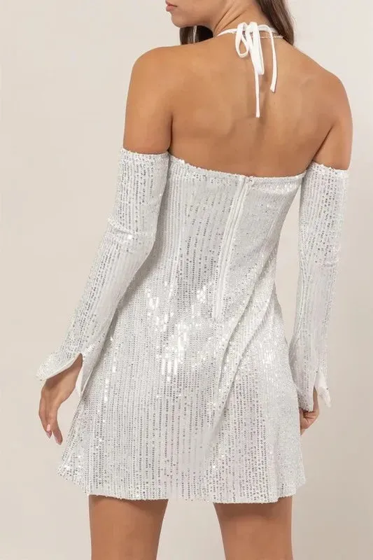 HYFVE Sequin Rosette Halter Mini Dress