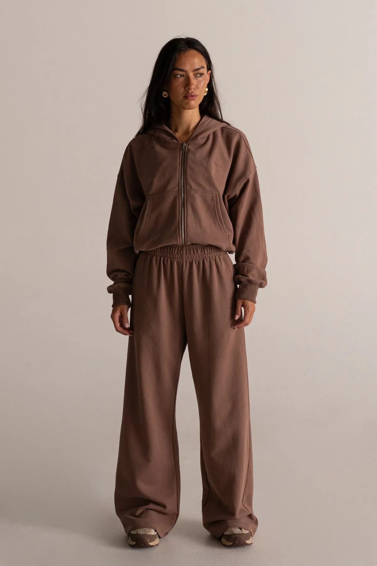 HyperLuxe Logo Embroidered Zip Up Hoodie- Taupe