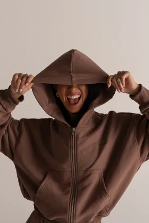 HyperLuxe Logo Embroidered Zip Up Hoodie- Taupe