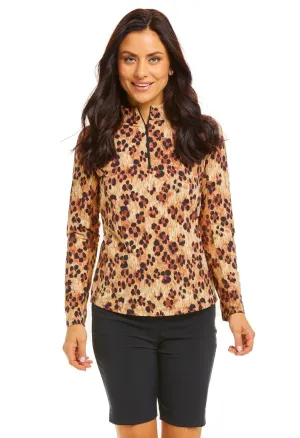 Ibkul Icifil Long Sleeve Sun Shirt:  Zip Mock -Le Leopard- Natural/ Black