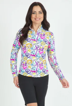 Ibkul Long Sleeve  Zip Mock LIMITED EDITION SERIES, ANGIE Hot Pink Multi