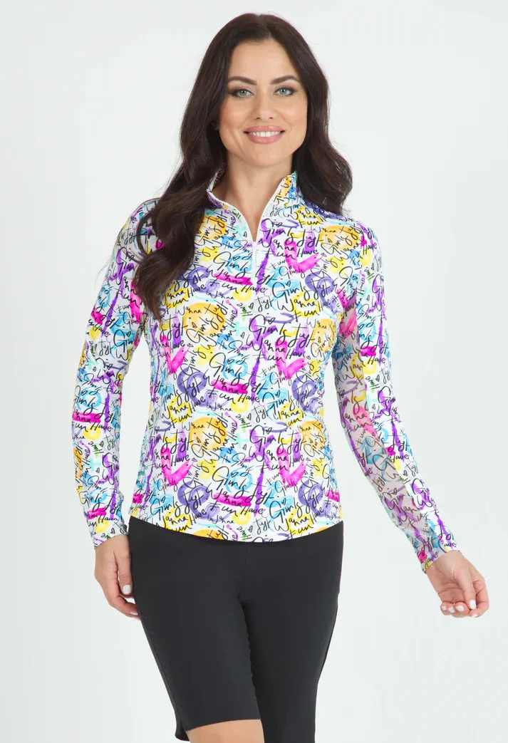 Ibkul Long Sleeve  Zip Mock LIMITED EDITION SERIES, ANGIE Hot Pink Multi