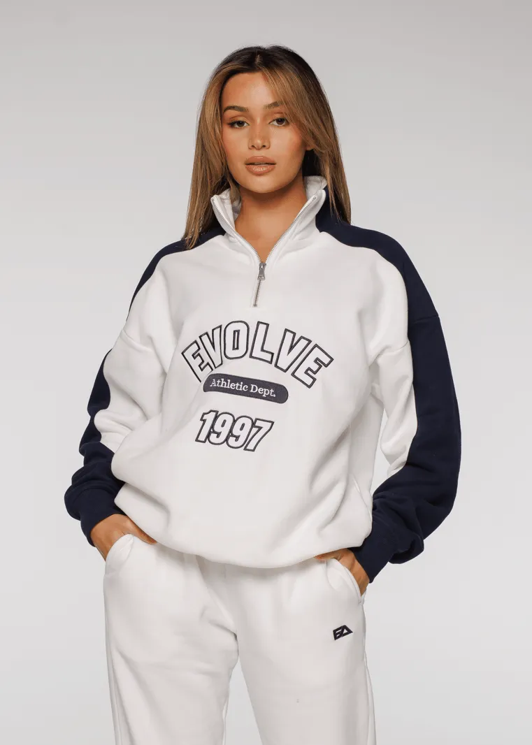 Iconic Retro ¼ Zip - White-Navy