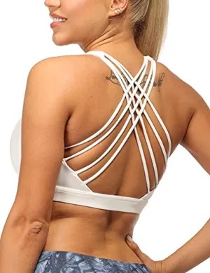 icyzone Sports Bras for Women - Activewear Strappy Padded Workout Yoga Tops Bra Off White