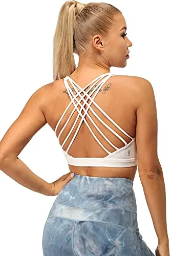 icyzone Sports Bras for Women - Activewear Strappy Padded Workout Yoga Tops Bra Off White