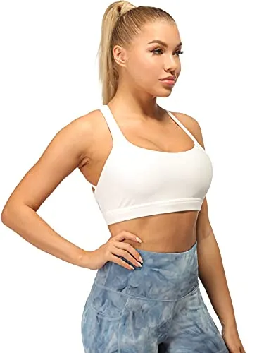 icyzone Sports Bras for Women - Activewear Strappy Padded Workout Yoga Tops Bra Off White