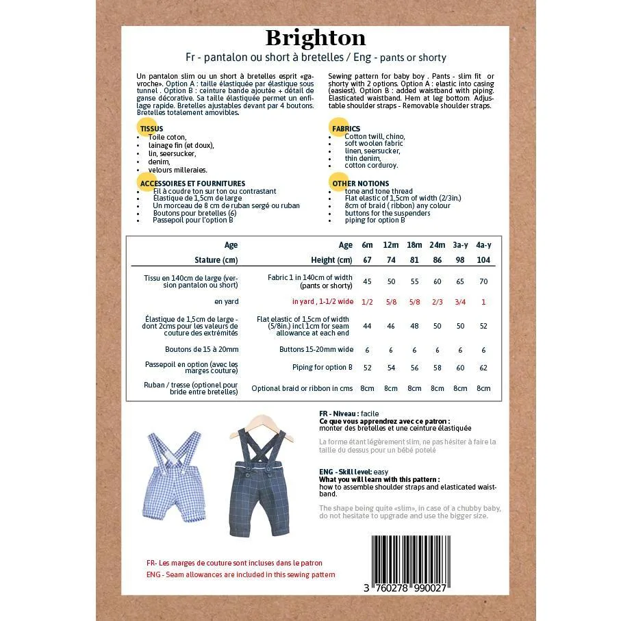 Ikatee - BRIGHTON Pants/shorty with Suspenders - 6M/4Y- Paper Sewing Pattern