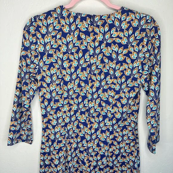 J. McLaughlin Sophia Navy Peacock Feather Crew Neck Catalina Cloth Sheath Dress