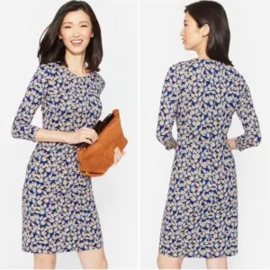 J. McLaughlin Sophia Navy Peacock Feather Crew Neck Catalina Cloth Sheath Dress