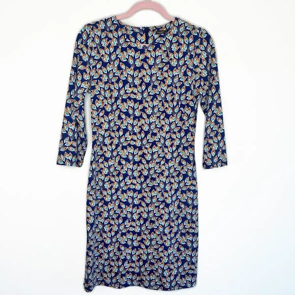 J. McLaughlin Sophia Navy Peacock Feather Crew Neck Catalina Cloth Sheath Dress