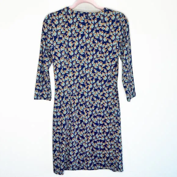 J. McLaughlin Sophia Navy Peacock Feather Crew Neck Catalina Cloth Sheath Dress