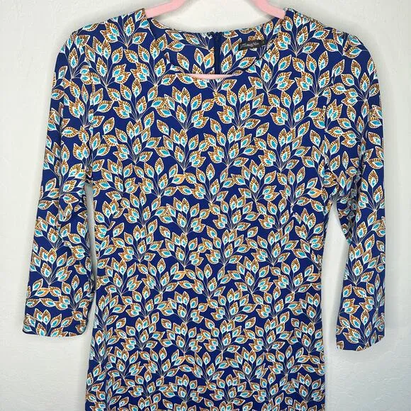 J. McLaughlin Sophia Navy Peacock Feather Crew Neck Catalina Cloth Sheath Dress