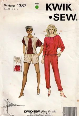 Kwik Sew 1387 Womens Stretch Color Block Tops Shorts & Pants 1980s Vintage Sewing Pattern Size XS - L UNCUT Factory Folded