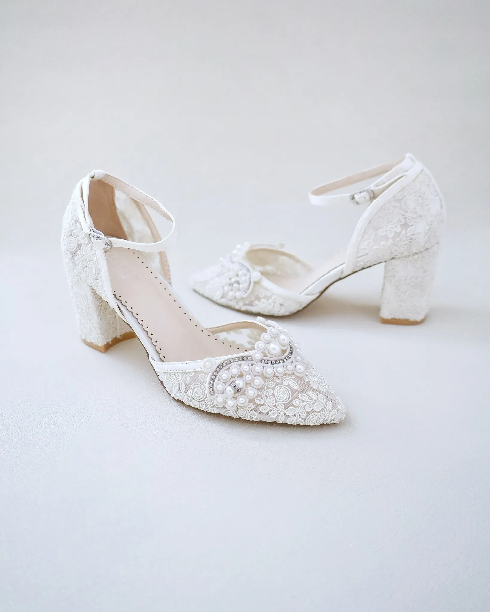 Lace Block Heel Pearl Ankle Wrap For Brides